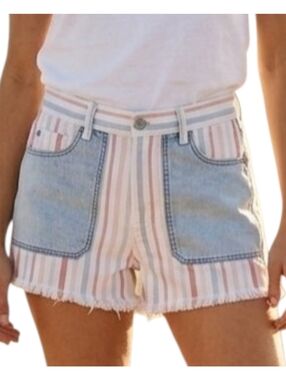 American Eagle High Rise Mom Jean Shorts Denim Pastel Striped Raw Hem Size 6
